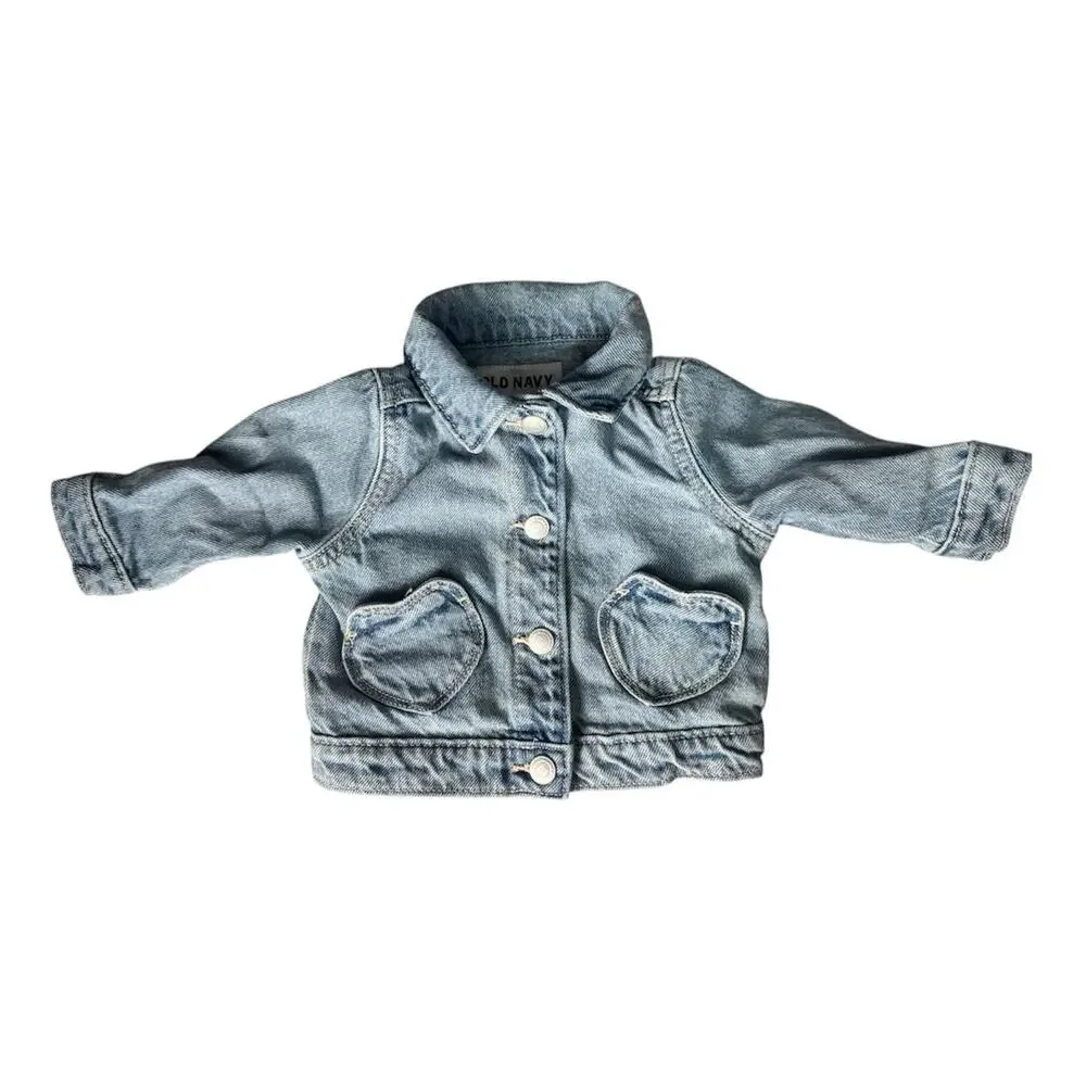 Old Navy Baby Girls Light Wash Trucker Denim Jean Jacket Heart Pockets Sz 3-6M